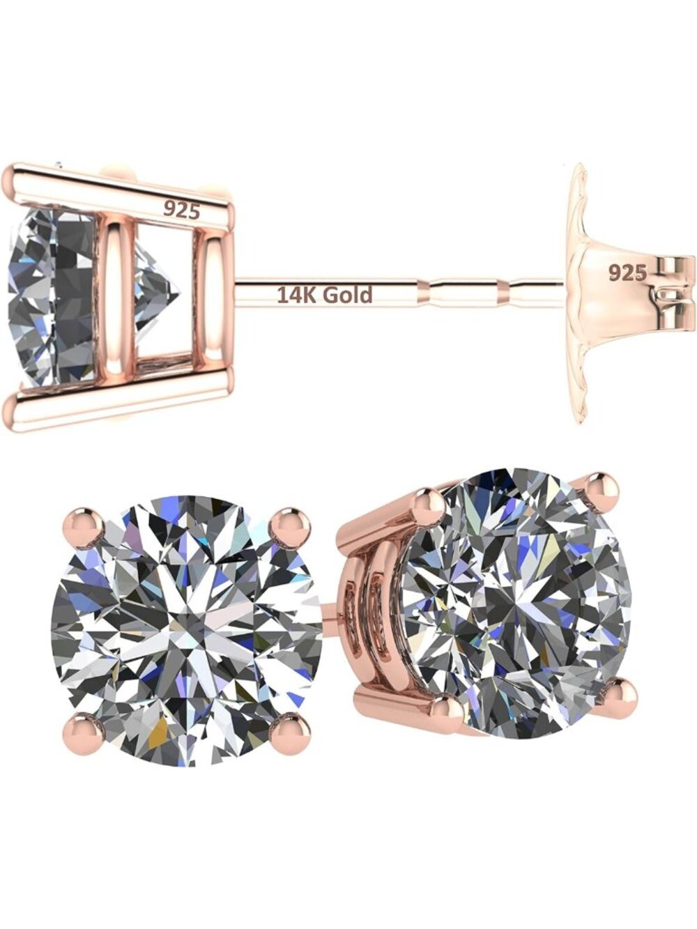 14K Solid Gold Stud Earrings with Swarovski Zirconia - Hypoallergenic for